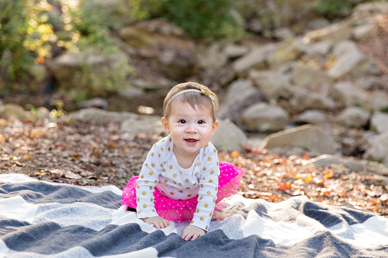 Infant girl crawling on blanket in park - Longview Farm Park | St. Louis Children's Photographer